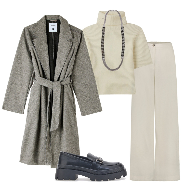 Outfit donna - Tutti i giorni. Stile Casual chic per Tutti i giorni. Abbinamento con maglieria, cappotti, mocassini, pantaloni, collane.