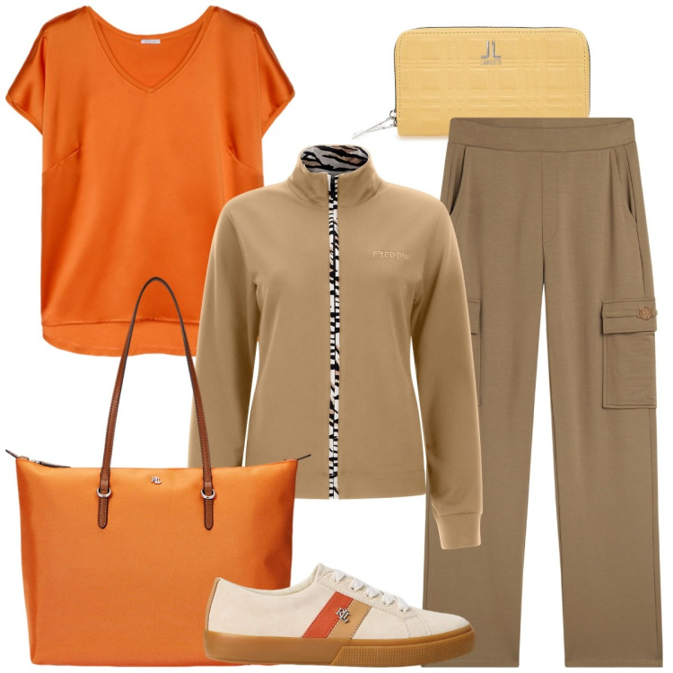 Outfit donna - Arancio autunno. Stile Sporty chic per Tutti i giorni. Abbinamento con pantaloni cargo, felpe, borse tote, sneakers, portafogli, t-shirt.