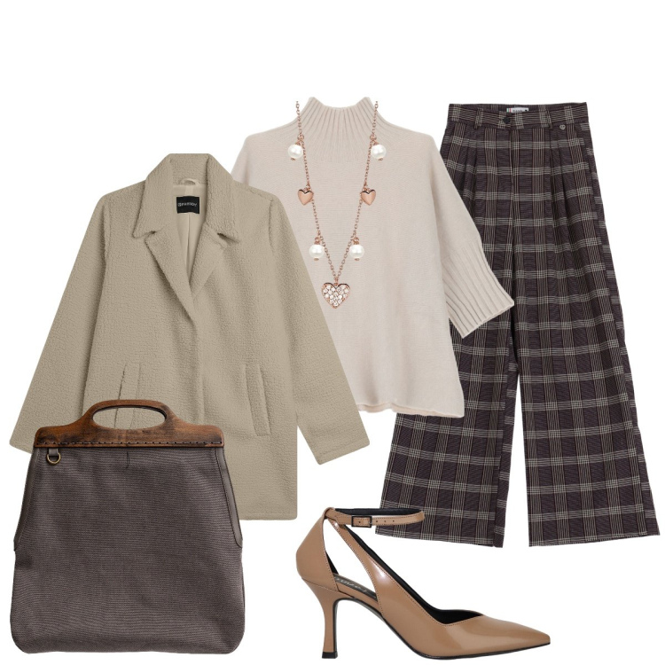 Outfit donna - In ufficio. Stile Chic per Ufficio. Abbinamento con collane, pantaloni, maglieria, décolleté, cappotti, borse a tracolla.