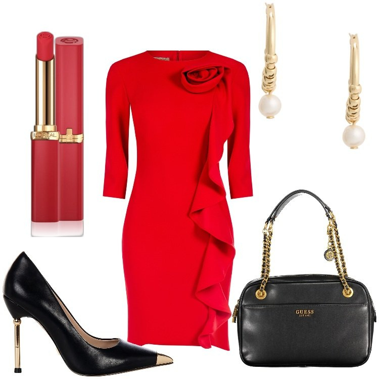 Outfit donna - Gran sera. Stile Chic per Cerimonia. Abbinamento con rossetti, vestiti a tubino, décolleté, orecchini, borse a spalla.