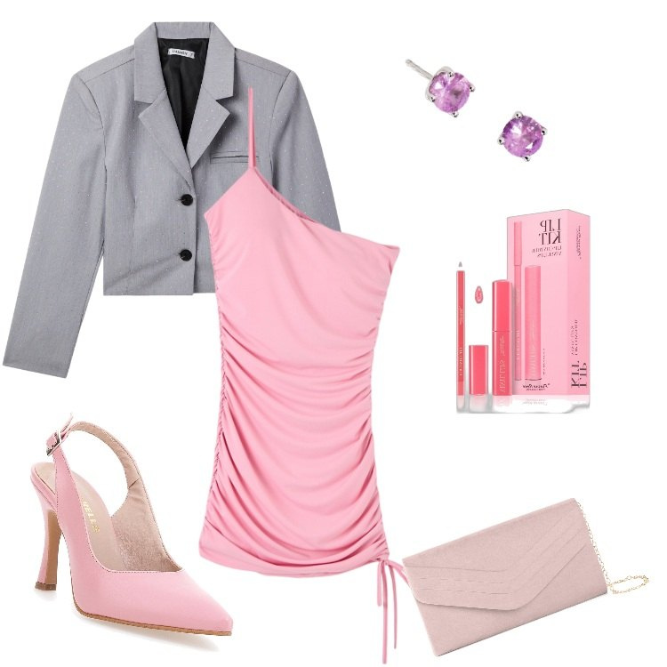 Outfit donna - A Camilla piace il rosa. Stile Romantica per Serata fuori. Abbinamento con pochette, rossetti, blazer, vestiti corti, orecchini, décolleté.