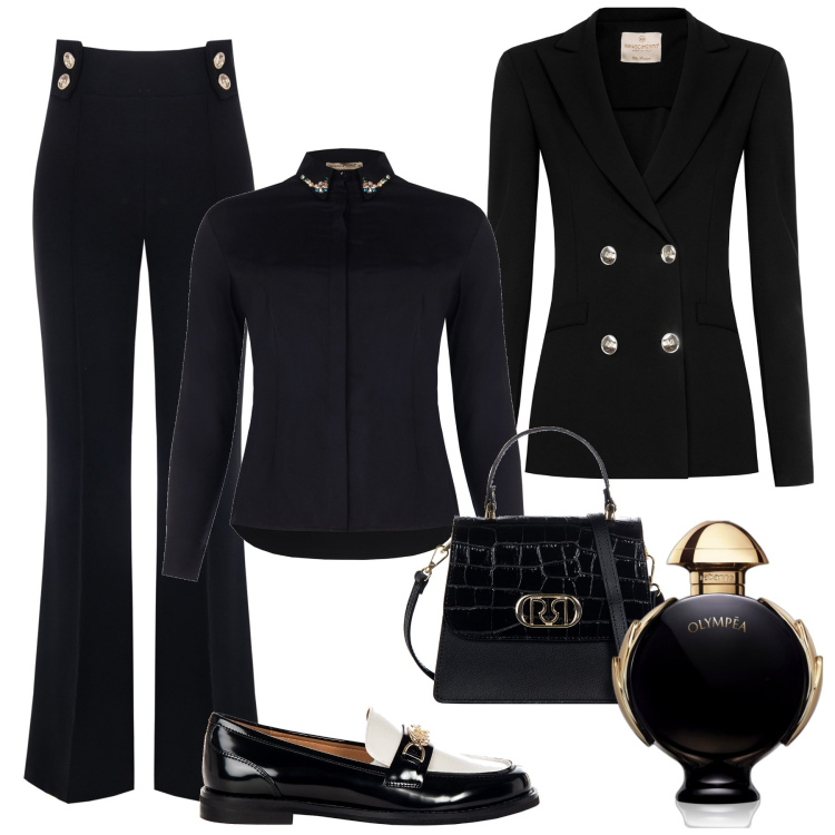 Outfit donna - Total look #1973383. Stile Chic per Cerimonia. Abbinamento con profumi, pantaloni a palazzo, camicie, blazer, mocassini, borse a mano.
