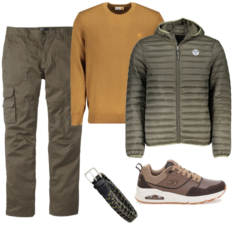 Outfit uomo - Nel parco. Stile Casual per Tutti i giorni. Abbinamento con pantaloni cargo, sneakers, giacche, maglieria, cinture.