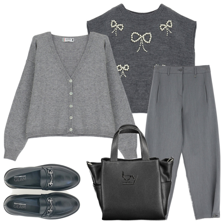 Outfit donna - In ufficio. Stile Casual chic per Ufficio. Abbinamento con cardigans, pantaloni, maglieria, mocassini, borse a spalla.