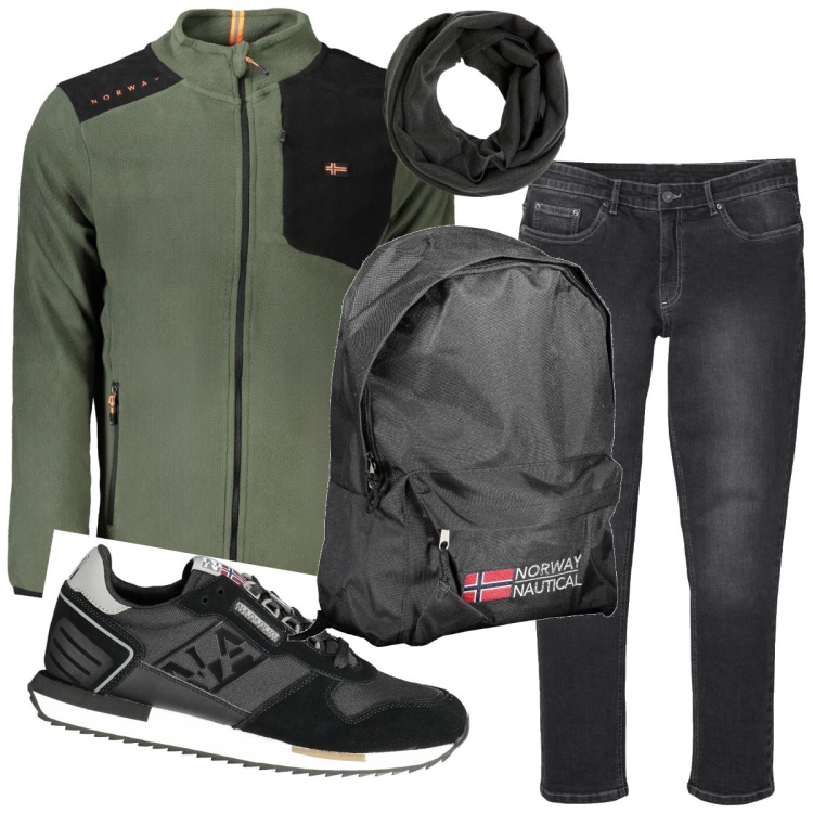 Outfit uomo - Sportivo e comodo. Stile Casual per Tutti i giorni. Abbinamento con jeans slim fit, sciarpe, felpe, sneakers, borse sportive.