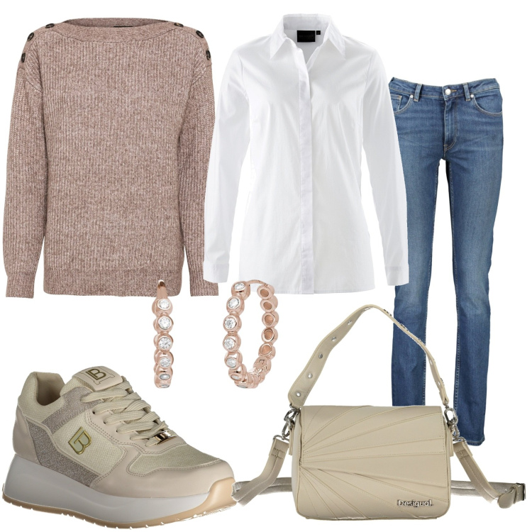 Outfit donna - In ufficio casual. Stile Casual per Tutti i giorni. Abbinamento con maglieria, camicie, orecchini, sneakers, borse a spalla, jeans.
