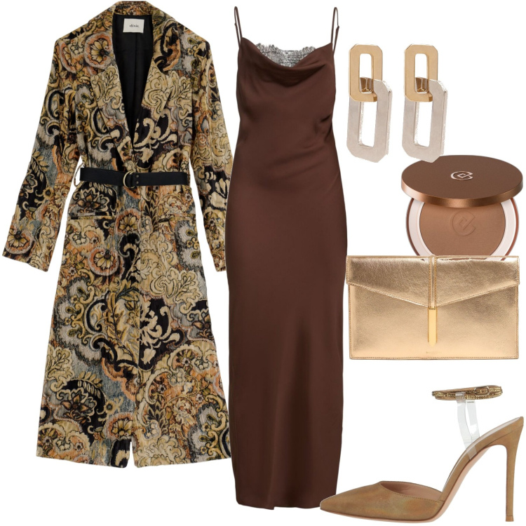 Outfit donna - Elegante vestito in raso marrone. Stile Chic per Serata fuori. Abbinamento con décolleté, terre, trench, vestiti midi/longuette, orecchini, clutch.