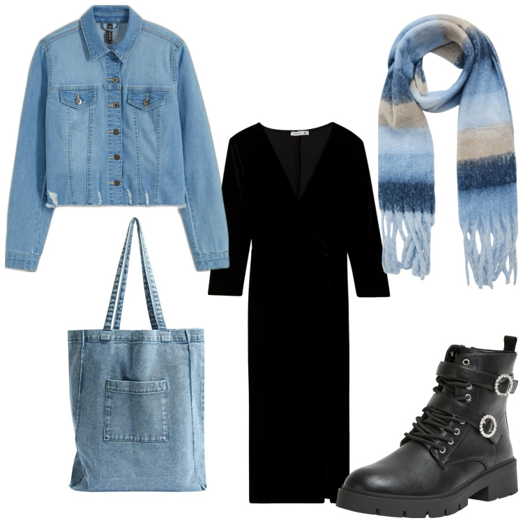 Outfit donna - Facile facile. Stile Casual chic per Serata fuori. Abbinamento con blazer, anfibi, sciarpe, vestiti lunghi, shopping bag.