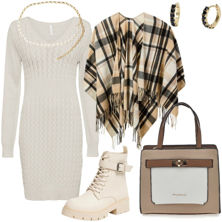 Outfit donna - Femminile e comoda. Stile Casual chic per Tutti i giorni. Abbinamento con vestiti, cappe, anfibi, orecchini, collane, borse a mano.