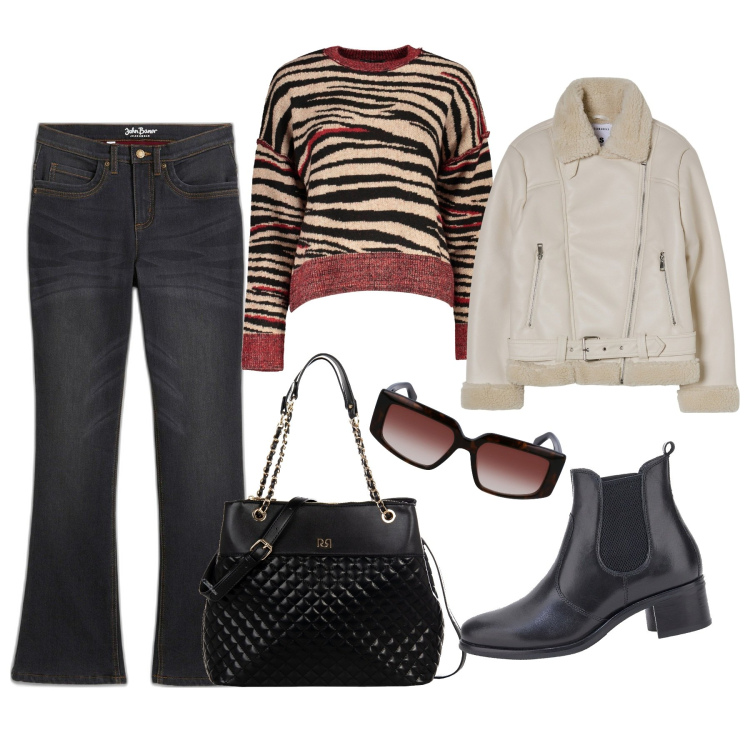 Outfit donna - Total look #1973448. Stile Trendy per Scuola/Università. Abbinamento con jeans bootcut, blazer, shopping bag, stivaletti chelsea, maglieria, occhiali da sole.