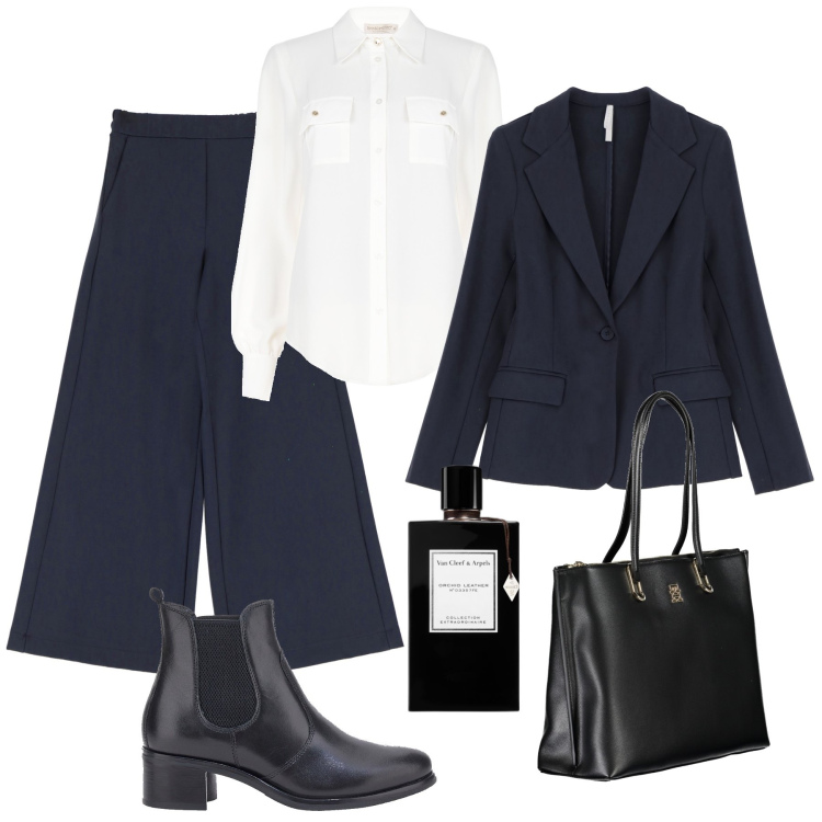 Outfit donna - Completo blu notte in ufficio. Stile Chic per Ufficio. Abbinamento con profumi, camicie, pantaloni, blazer, stivaletti chelsea, borse a spalla.