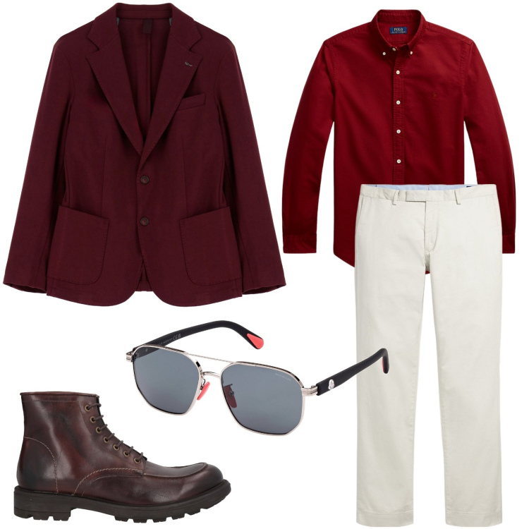 Outfit uomo - New formal. Stile Trendy per Serata speciale. Abbinamento con stivali e stivaletti, giacche, pantaloni chino, camicie, occhiali da sole.