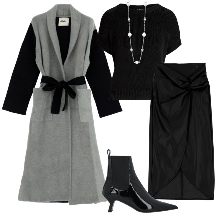 Outfit donna - Serata. Stile Chic per Serata fuori. Abbinamento con stivaletti, collane, cappotti, gonne, maglieria.