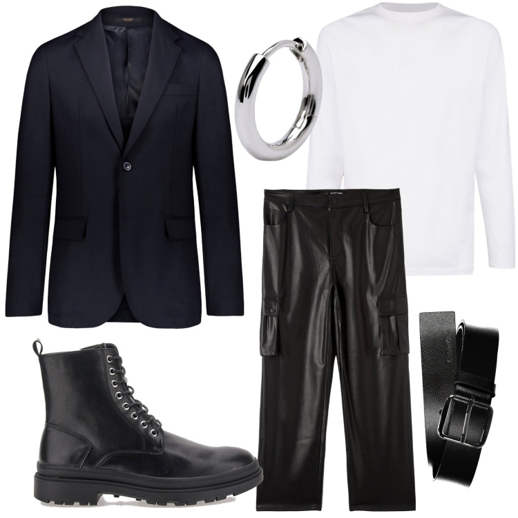 Outfit uomo - Animo urbano. Stile Urban per Serata speciale. Abbinamento con pantaloni cargo, orecchini, giacche, anfibi, t-shirt, cinture.