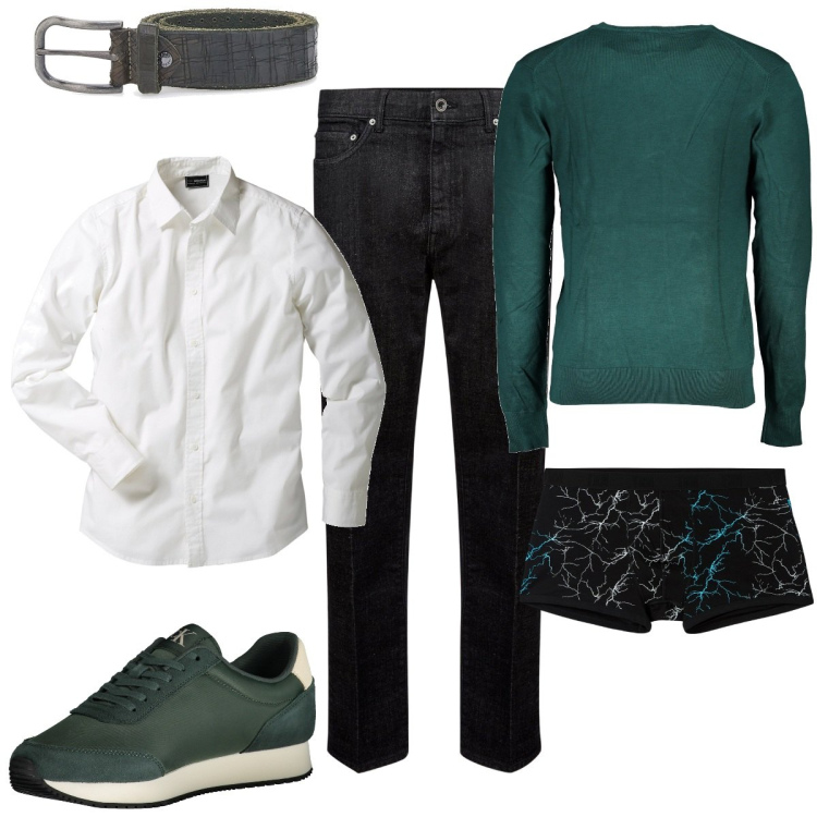 Outfit uomo - Giovanile. Stile Casual per Ufficio. Abbinamento con camicie, boxer, jeans, sneakers, cinture, maglieria.