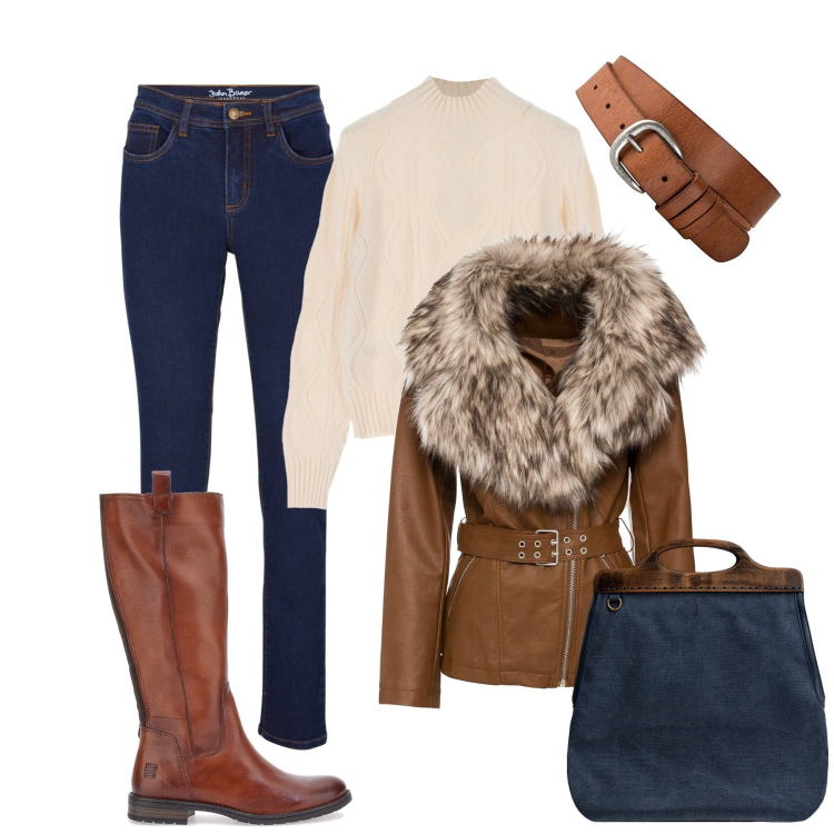 Outfit donna - I jeans dentro gli stivali !. Stile Casual per Tutti i giorni. Abbinamento con cinture, blazer, jeans, maglieria, borse a tracolla, stivali sopra il ginocchio.