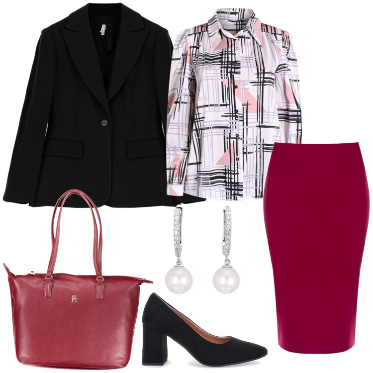 Outfit donna - Ufficio. Stile Chic per Ufficio. Abbinamento con orecchini, gonne, camicie, blazer, décolleté, borse a spalla.