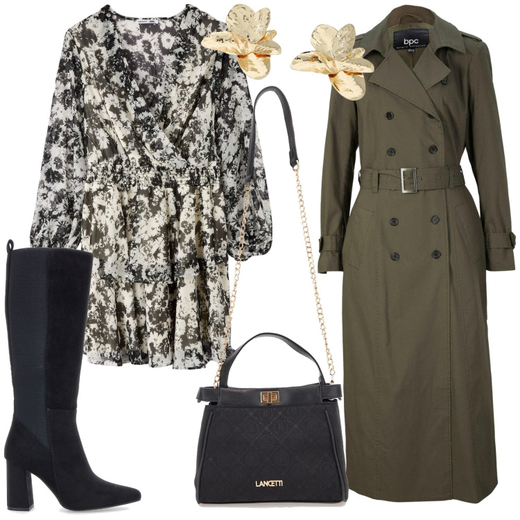 Outfit donna - Total look #1973508. Stile Chic per Serata fuori. Abbinamento con trench, vestiti corti, orecchini, borse a tracolla, stivali.