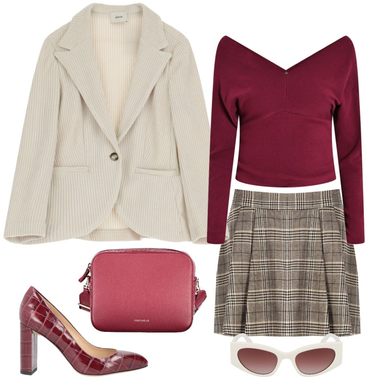 Outfit donna - In città. Stile Casual chic per Tutti i giorni. Abbinamento con décolleté, maglieria, minigonne, blazer, borse a tracolla, occhiali da sole.