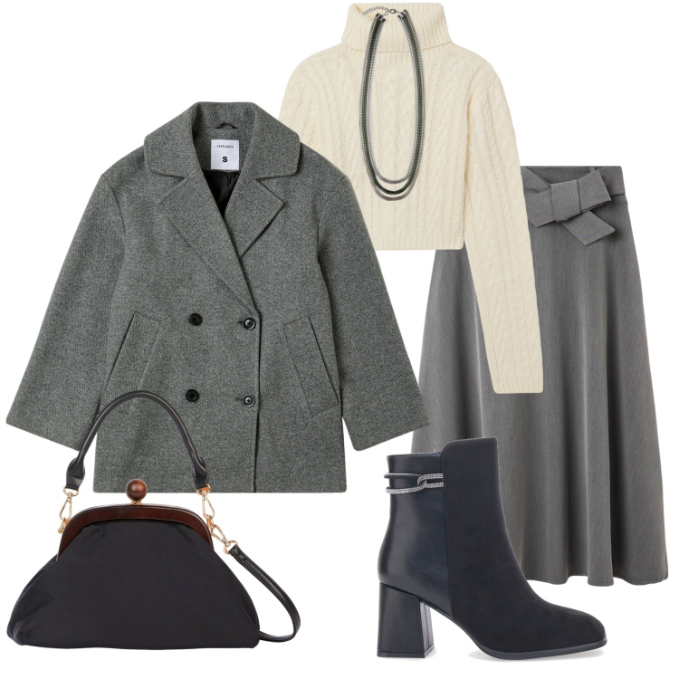 Outfit donna - In città. Stile Casual chic per Tutti i giorni. Abbinamento con gonne lunghe, caban, maglieria, stivaletti, collane, clutch.
