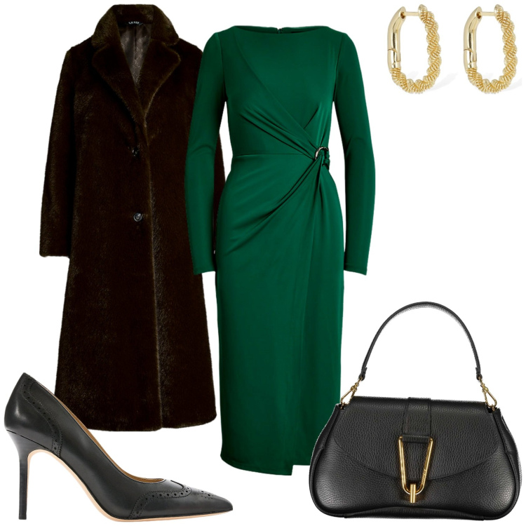 Outfit donna - Verde di sera. Stile Chic per Serata fuori. Abbinamento con cappotti, vestiti a tubino, décolleté, borse a tracolla, orecchini.