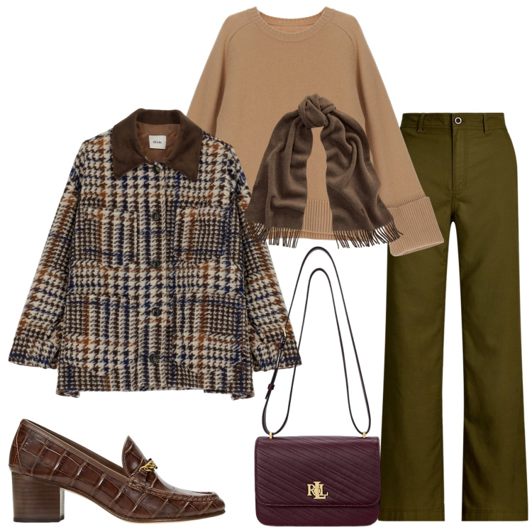 Outfit donna - Shopping con le amiche. Stile Casual chic per Tutti i giorni. Abbinamento con pullovers, blazer, sciarpe, pantaloni, décolleté, borse a spalla.