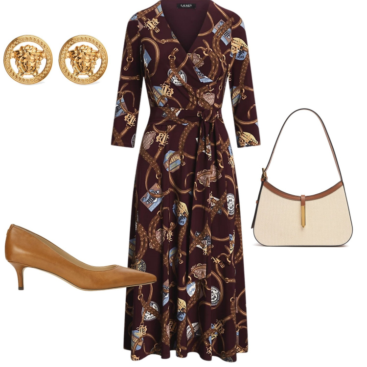 Outfit donna - Abito stampato. Stile Chic per Serata fuori. Abbinamento con décolleté, vestiti, borse a spalla, orecchini.