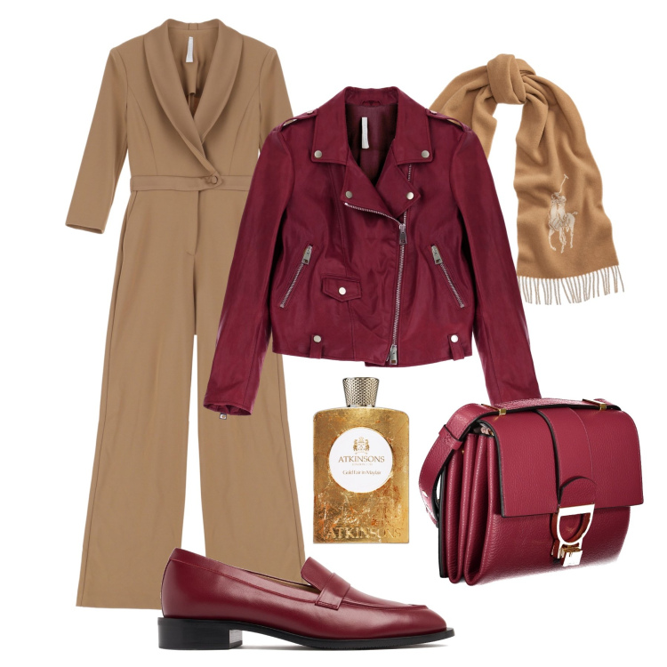 Outfit donna - Jumpsuite chic e biker. Stile Casual chic per Ufficio. Abbinamento con profumi, tute, giacche, sciarpe, borse a tracolla, mocassini.