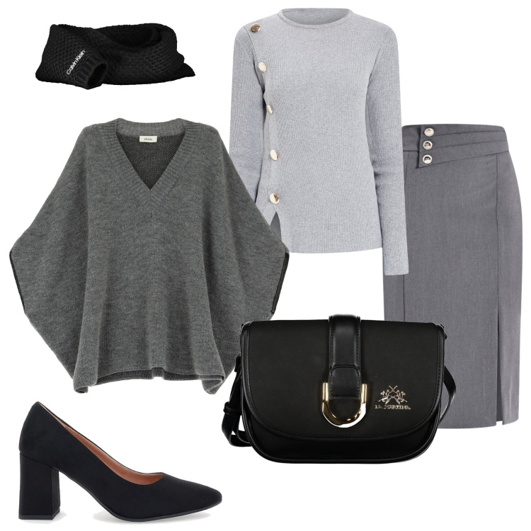 Outfit donna - In città. Stile Casual chic per Tutti i giorni. Abbinamento con gonne longuette, maglieria, cappotti, décolleté, sciarpe, borse a tracolla.