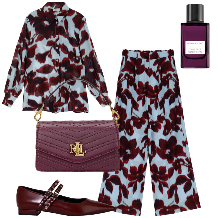 Outfit donna - Glam con Dixie. Stile Glamour per Tutti i giorni. Abbinamento con profumi, pantaloni a palazzo, ballerine, camicie, borse a tracolla.