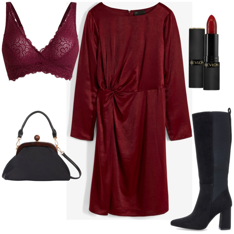 Outfit donna - Abito in satin con effetto a portafoglio. Stile Chic per Serata fuori. Abbinamento con bralette, vestiti, rossetti, stivali, clutch.