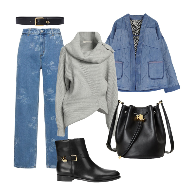 Outfit donna - Maglione bizzarro e denim fantasy. Stile Sporty chic per Tutti i giorni. Abbinamento con maglieria, blazer, stivaletti, borse a secchiello, cinture, jeans.