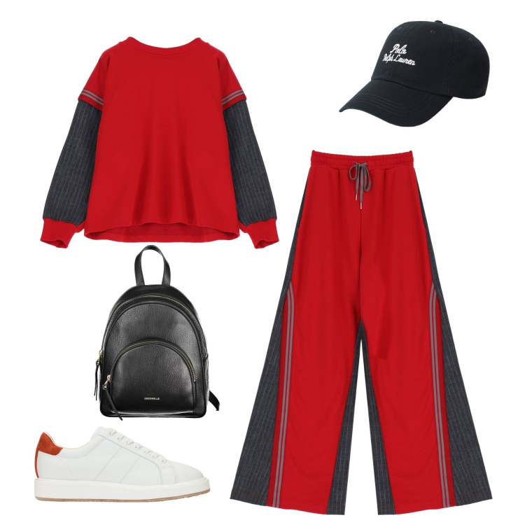 Outfit donna - Domenica in rosso. Stile Casual per Sport. Abbinamento con pantaloni, felpe, sneakers, cappelli, zaini.