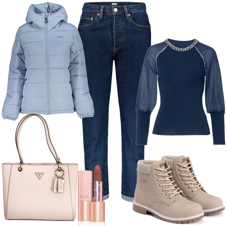 Outfit donna - Un\'opzione sempre valida. Stile Casual per Scuola/Università. Abbinamento con maglieria, rossetti, stivaletti, blazer, jeans, borse a spalla.