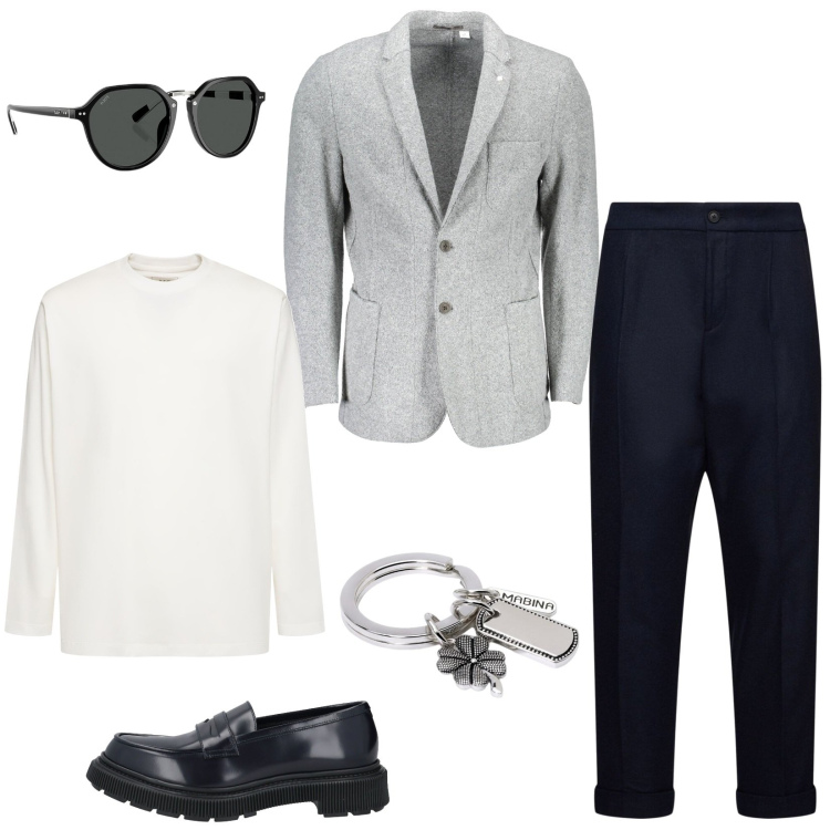 Outfit uomo - Casual in ufficio. Stile Casual per Ufficio. Abbinamento con scarpe stringate, portachiavi, occhiali da sole, giacche, t-shirt, pantaloni.