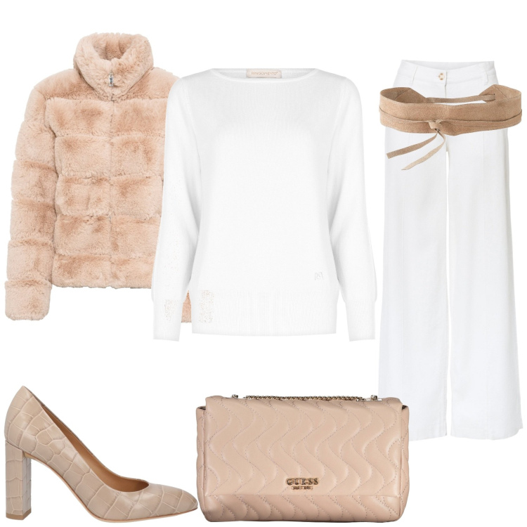 Outfit donna - Glamour in chiaro. Stile Glamour per Tutti i giorni. Abbinamento con pantaloni a palazzo, ecopellicce, cinture, décolleté, maglieria, borse a tracolla.