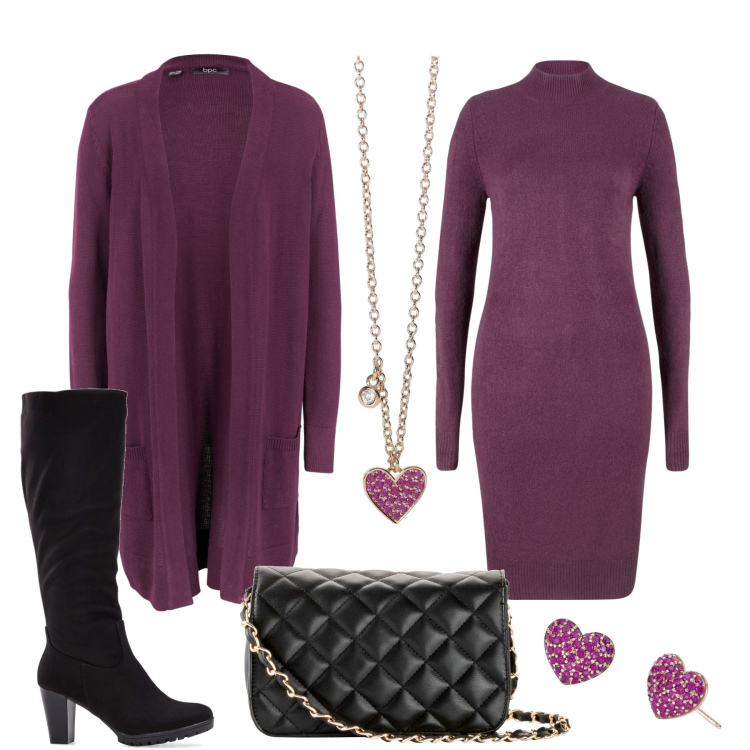 Outfit donna - Autunno melanzana. Stile Chic per Tutti i giorni. Abbinamento con cardigans, stivali, borse a tracolla, vestiti, orecchini, collane.