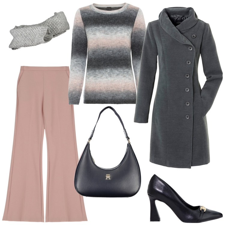 Outfit donna - Rosa e grigio. Stile 70s per Tutti i giorni. Abbinamento con cappotti, maglieria, pantaloni, stivaletti, borse a spalla, sciarpe.