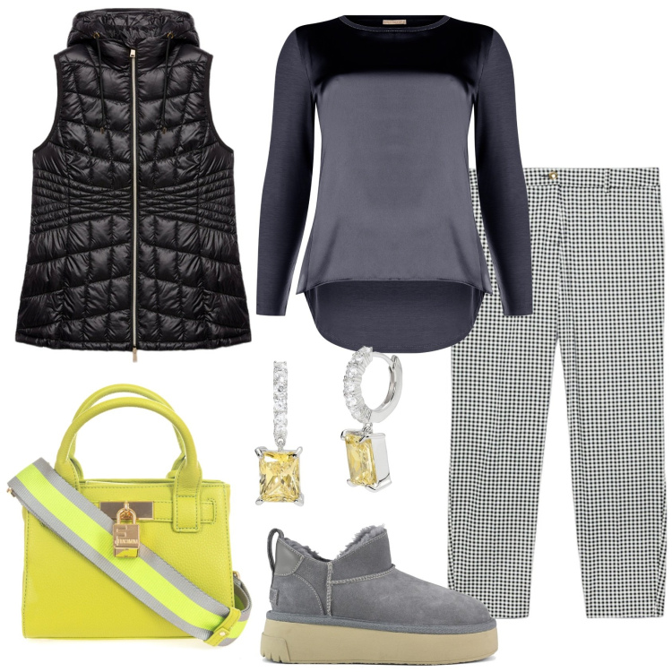 Outfit donna - Mix & Match. Stile Casual chic per Tutti i giorni. Abbinamento con orecchini, bluse, borse a tracolla, stivali, pantaloni skinny, piumini.
