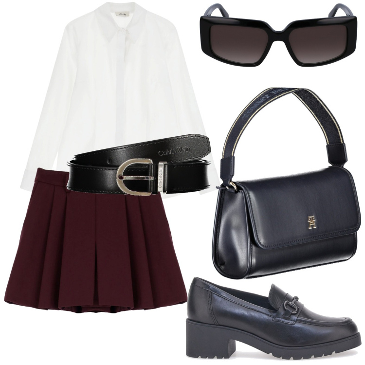 Outfit donna - Borsa a spalla. Stile Casual chic per Scuola/Università. Abbinamento con gonne, camicie, mocassini, borse a spalla, occhiali da sole, cinture.