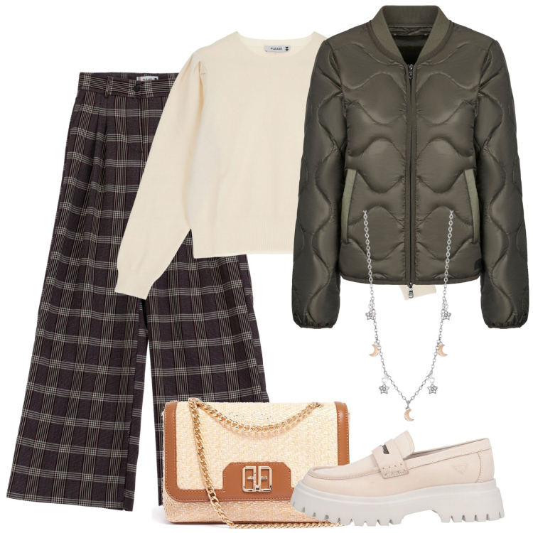 Outfit donna - I pantaloni a quadri. Stile Casual per Tutti i giorni. Abbinamento con mocassini, collane, borse a tracolla, pullovers, pantaloni, blazer.