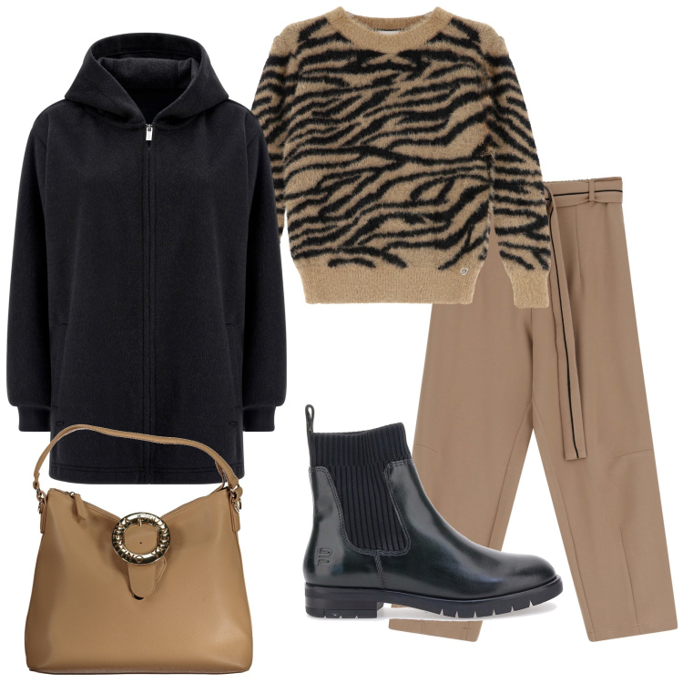 Outfit donna - In città. Stile Glamour per Tutti i giorni. Abbinamento con maglieria, pantaloni, cappotti, stivaletti, borse a spalla.