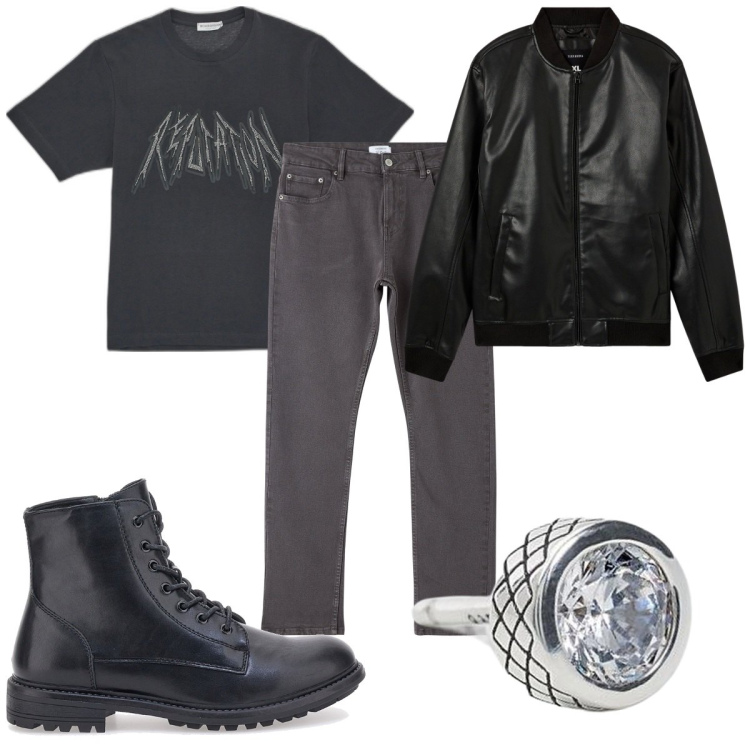Outfit uomo - Total look #1973703. Stile Biker Rock per Tutti i giorni. Abbinamento con bomber, pantaloni, orecchini, anfibi, t-shirt.