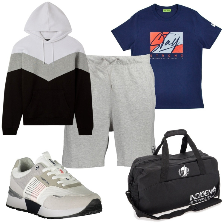 Outfit uomo - Total look #1973707. Stile Trendy per Sport. Abbinamento con felpe con cappuccio, borse sportive, t-shirt, pantaloni, sneakers.