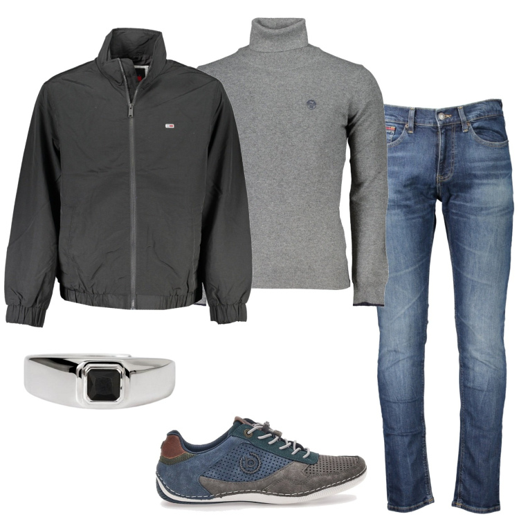 Outfit uomo - Semplice, versatile. Stile Casual per Tutti i giorni. Abbinamento con anelli, scarpe stringate, giacche, jeans, maglieria.