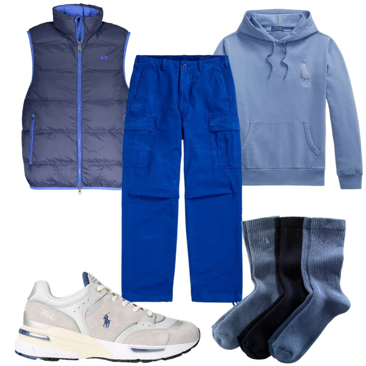 Outfit uomo - Total look #1973729. Stile Trendy per Sport. Abbinamento con calzini, felpe con cappuccio, pantaloni cargo, sneakers, giacche.