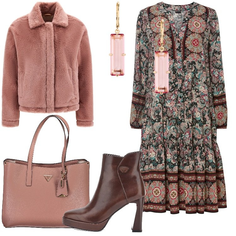Outfit donna - Boho chic autunnale. Stile Boho per Serata fuori. Abbinamento con vestiti, cappotti, orecchini, stivaletti, borse a spalla.