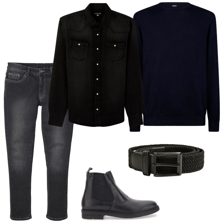 Outfit uomo - Total black. Stile Casual per Tutti i giorni. Abbinamento con jeans slim fit, camicie, cinture, stivali e stivaletti, maglieria.