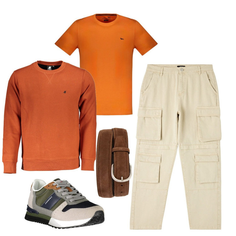 Outfit uomo - I cargo sabbia. Stile Urban per Tutti i giorni. Abbinamento con pantaloni cargo, cinture, felpe, t-shirt, sneakers.