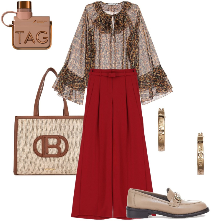Outfit donna - La blusa trasparente. Stile Trendy per Ufficio. Abbinamento con profumi, bluse, pantaloni, orecchini, borse a spalla, mocassini.